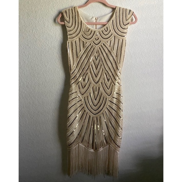 1920 Gatsby Retro. Style Beaded Sequin Fringe Cream Flapper Party Dress Size XS - Picture 2 of 16